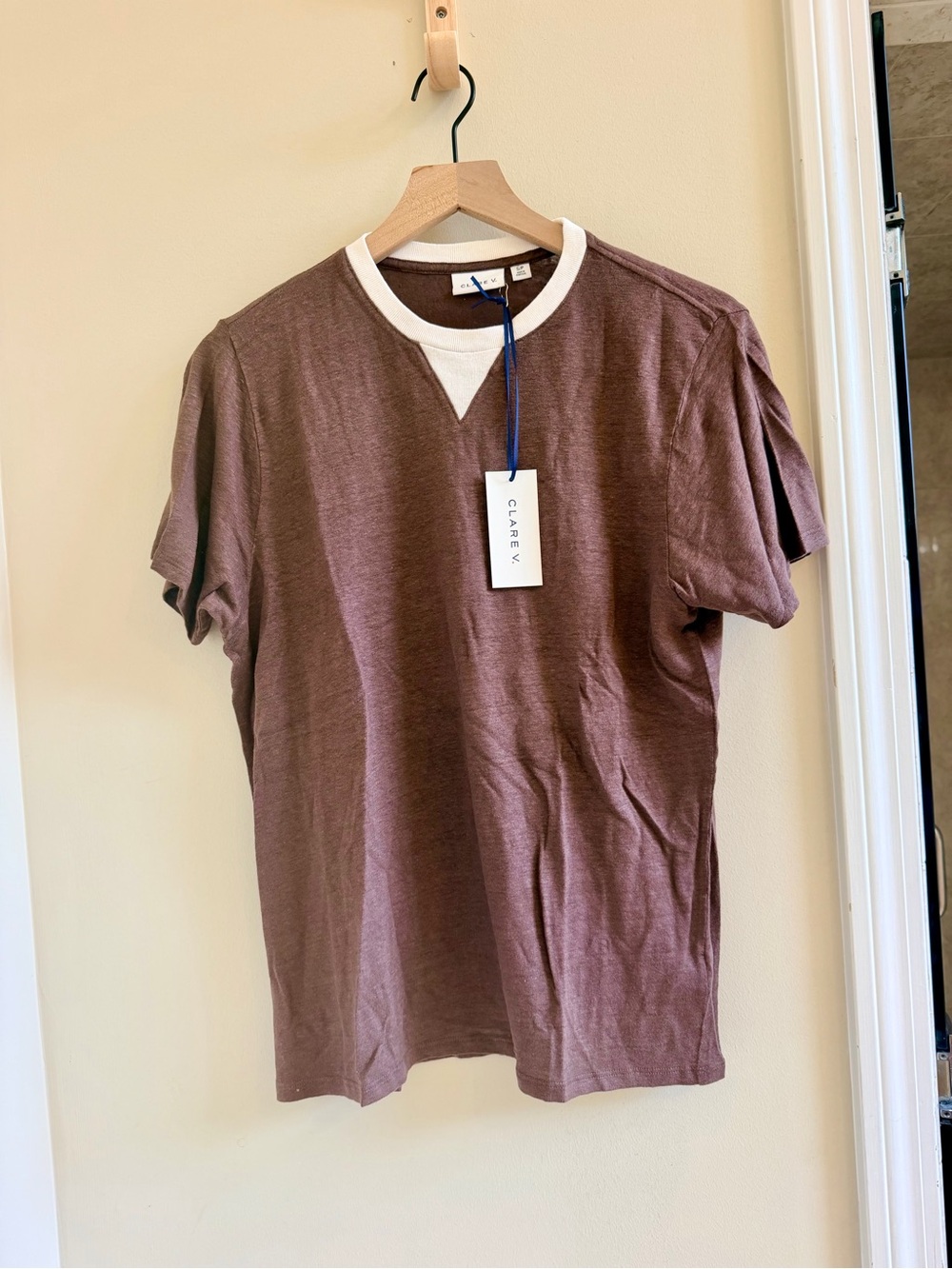 Clare V Brown Short Sleeve Tee with White Layered Neckline